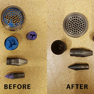 Tooling and components for thermal cleaning Various tooling and metal components that are thermally cleaned in a fluidized bath with aluminum oxide media.
