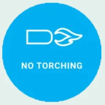 No Torching | Flame-Free and Chemical-Free Cleaning Process Cirkel met een pictogram van een vlam en de tekst "NO TORCHING".