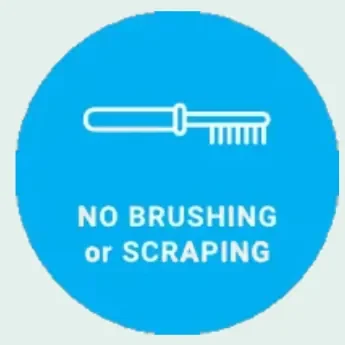 No Brushing or Scraping | Non-Abrasive Thermal Cleaning Advantage Blauwe cirkel met witte tekst: "NO BRUSHING or SCRAPING" en een illustratie van een borstel.
