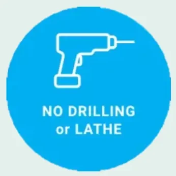 No Drilling or Lathe Work | Non-Mechanical Cleaning Method Blauw cirkellogo met een boormachine en tekst "Geen boren of draaibank".